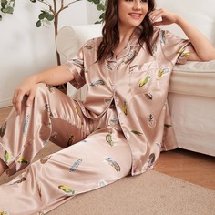 Атласный пижама с контрастной отделкой и принтом размера плюс Shein