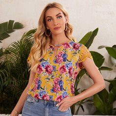 Топ с цветочным принтом и кружевом Shein