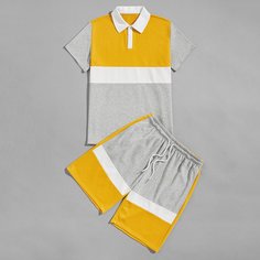 Мужская контрастная рубашка-поло и шорты на кулиске Shein