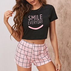 Пижама в клетку с текстовым принтом Shein