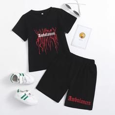 Шорты и футболка с текстовым принтом для мальчиков Shein