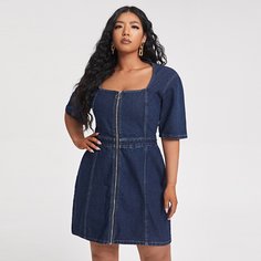 на молнии Одноцветный Повседневный Джинсовые платья размер плюс Shein