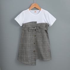 Контрастное платье в клетку с поясом для девочек Shein