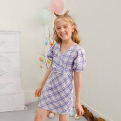 Платье в клетку с пышными рукавами для девочек Shein