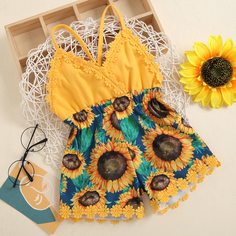 Комбинезон на бретелях с цветочным принтом и кружевом для девочек Shein