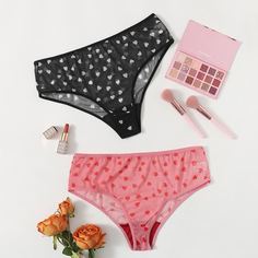 Сетчатые трусики с принтом сердце размера плюс 2шт Shein