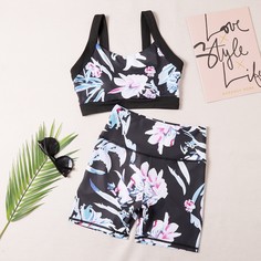 Спортивный бюстгальтер и велошорты с цветочным принтом Shein