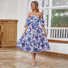 с поясом Цветочный принт Бохо Платье Shein