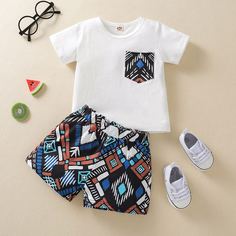 Шорты & футболка с карманом и геометрическим принтом для мальчиков Shein