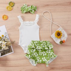 Боди на бретельках, шорты и повязка на голову с принтом листьев для девочек Shein