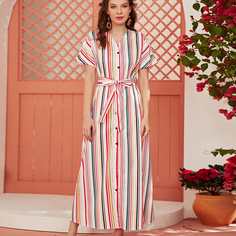 Платье в полоску с пуговицами и поясом Shein