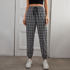 на кулиске в клетку Повседневный Брюки Shein