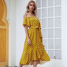 с поясом В горошек Бохо Платье Shein