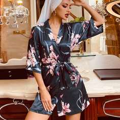 с поясом Со цветочками Элегантный Ночной халат Shein