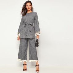 Топ с поясом, бахромой, блестками и брюки Shein