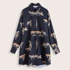 Платье-рубашка с пуговицами, леопардовым и тигровым принтом Shein