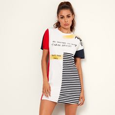Платье в полоску с текстовым принтом Shein
