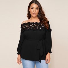 Кружевной топ с открытыми плечами и поясом размера плюс Shein