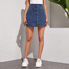 Однотонная джинсовая юбка с пуговицами Shein