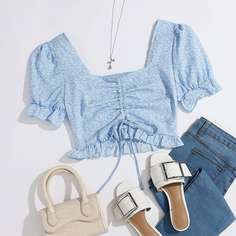 Топ в клетку на кулискек со складкой Shein