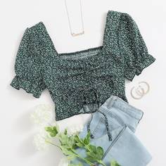 Топ в клетку на кулискек со складкой Shein