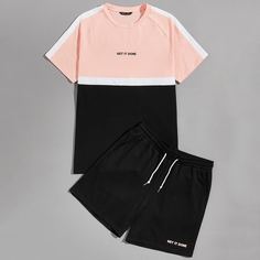 Мужские шорты и контрастный топ с текстовым принтом Shein