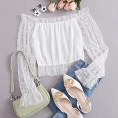 Белый Оборка В горошек Бохо Женские топы Shein