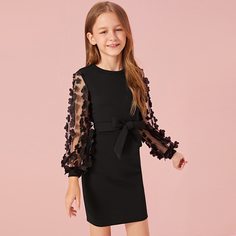 Платье с сетчатым рукавом, аппликацией и поясом для девочек Shein