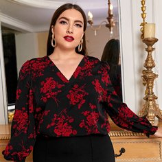 Топ размера плюс с цветочным принтом и рукавом фонариком Shein