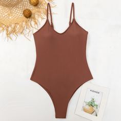 Однотонный слитный купальник Shein