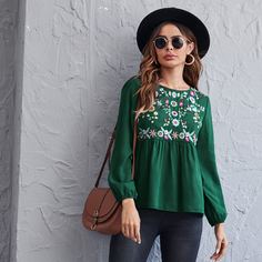 с вышивкой Цветочный Бохо Блузы Shein