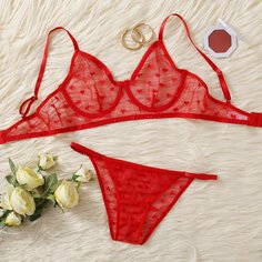 Комплект сетчатого нижнего белья на косточках с узором сердечка Shein