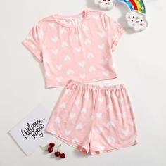Пижама с принтом сердечка для девочек Shein