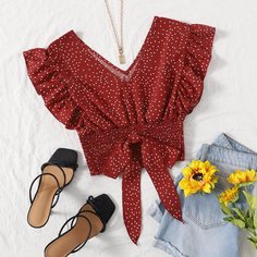 с оборками В горошёк Бохо Блузы Shein