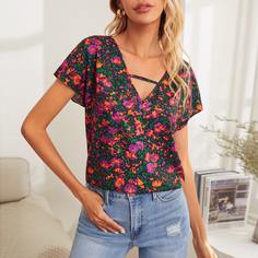 Топ с цветочным принтом и v-образным воротником Shein