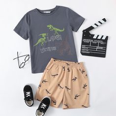 Шорты и футболка с принтом динозавра для мальчиков Shein