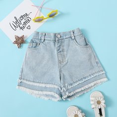 Карман Одноцветный Джинсовые шорты для девочек Shein