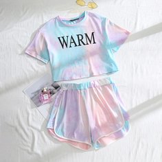 Шорты и футболка с текстовым принтом и тай дай Shein