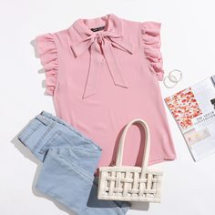 Однотонный топ с воротником-бантом Shein