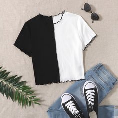 Двухцветная футболка с оригинальной отделкой Shein