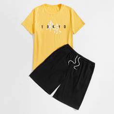 Мужские шорты на кулиске и футболка с текстовым принтом Shein