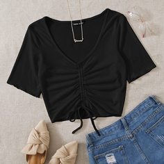 Короткая футболка с v-образным воротником на кулиске Shein