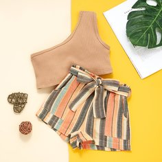 Топ и шорты в полоску с поясом для девочек Shein