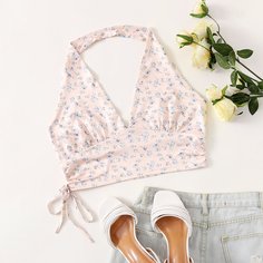 Короткий топ-халтер с цветочным принтом Shein