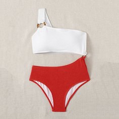 Двухцветный слитный купальник на одно плечо Shein