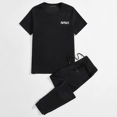 Мужская вязаная футболка с текстовой вышивкой и джоггеры на кулиске Shein