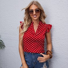 с оборками В горошёк Бохо Блузы Shein