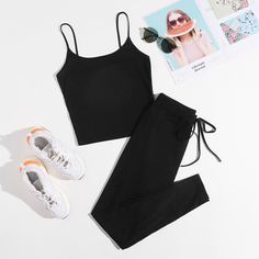 Однотонный трикотажный топ и брюки Shein