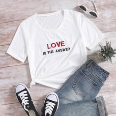 Вышивка Лозунг Повседневный Футболки Shein