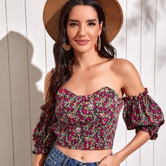 Открытая спина цветочный Бохо Женские топы Shein